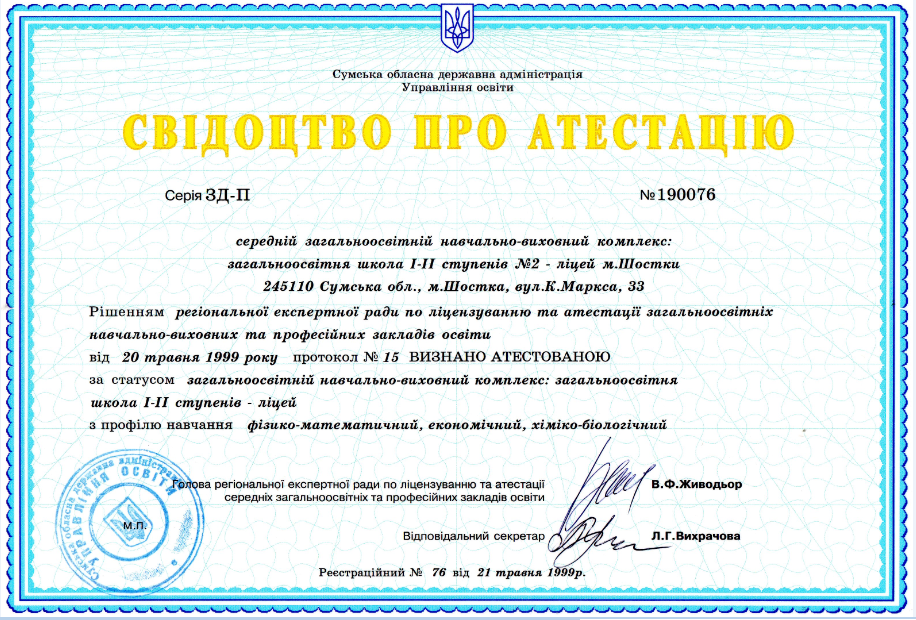 Свідоцтво про атестацію ШНВК